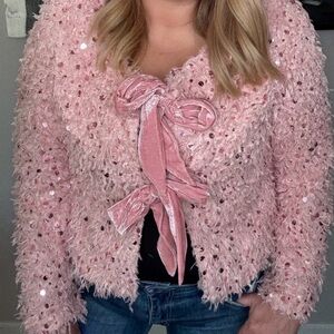 Blush Pink Sequin Cardigan with Bow Ties